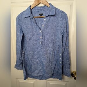 Talbots Womens Top 100% Linen Roll Tab Tunic V Neck Popover Shirt Sz Small Blue